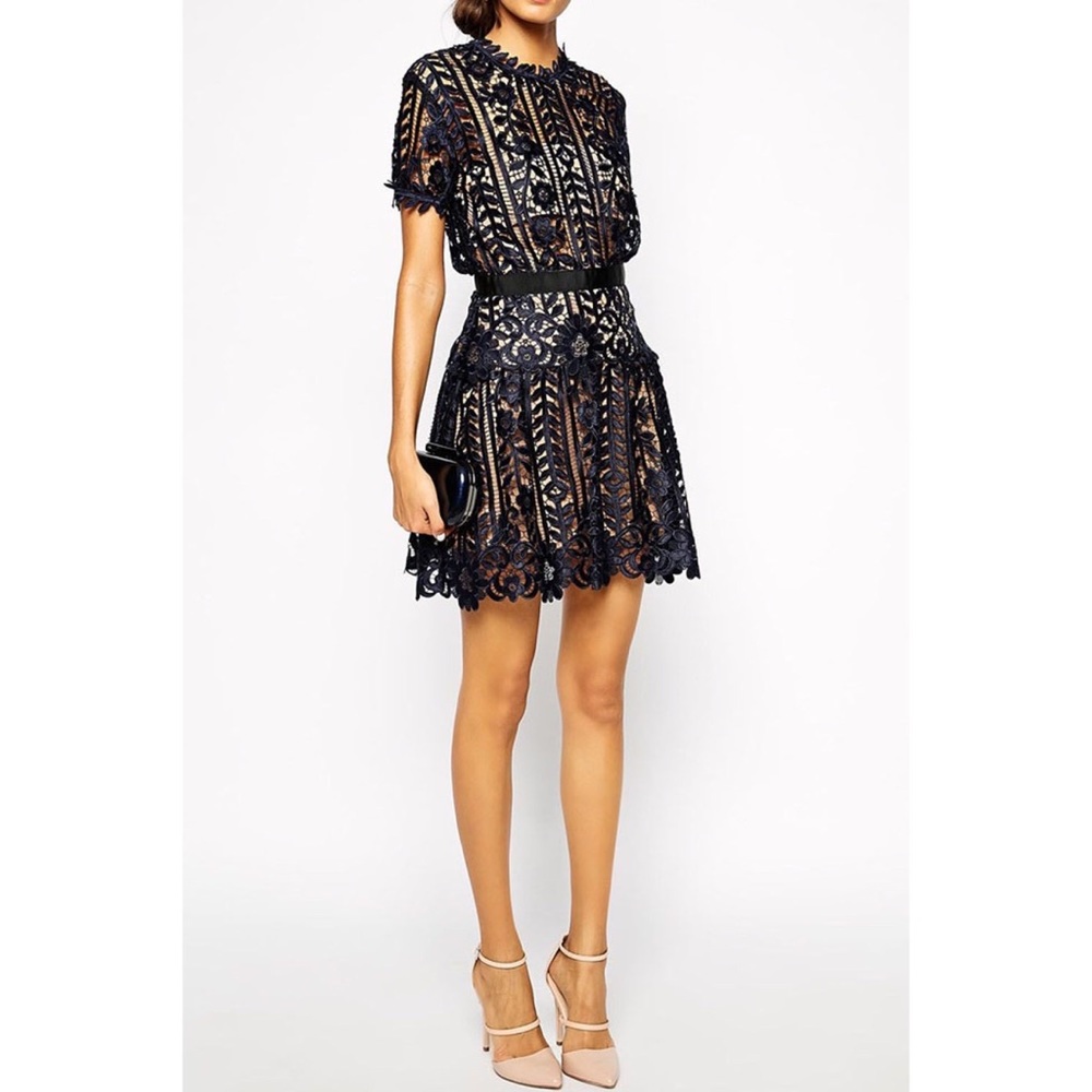 Self Portrait Floral Lace Short Sleeve A Line Dress Navy Nude Size US10 - Picture 5 of 12